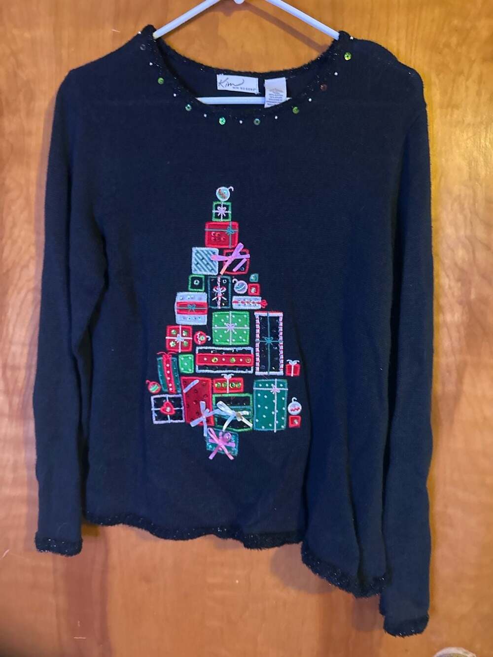 Kim Rogers Christmas Sweater Women’s XL Black Holiday Gift Box Tree Sequined Kni
